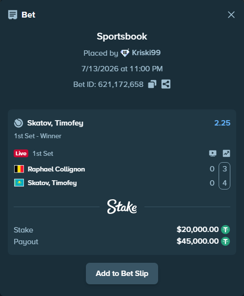 Bet slip: Raphael Collignon - Skatov, Timofey, $20,020.00 stake at 2.25 odds, placed by Kriski99