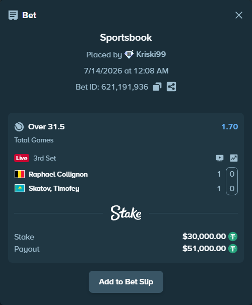 Bet slip: Raphael Collignon - Skatov, Timofey, $30,030.00 stake at 1.70 odds, placed by Kriski99