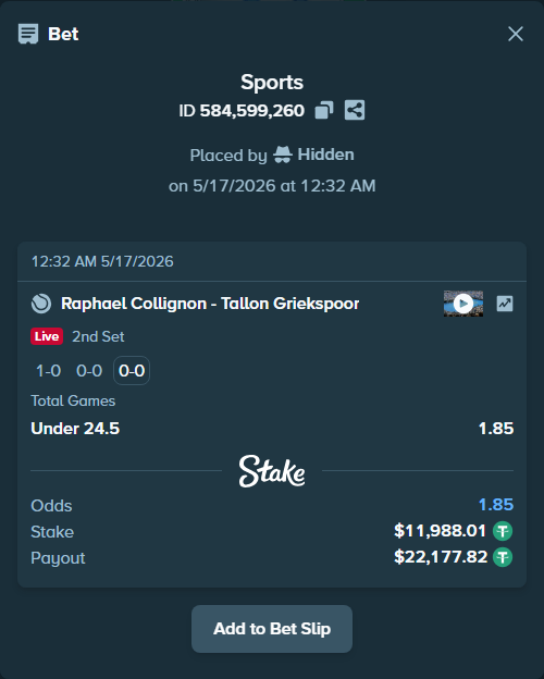 Bet slip: Raphael Collignon - Tallon Griekspoor, $12,000.00 stake at 1.85 odds, placed by Hidden