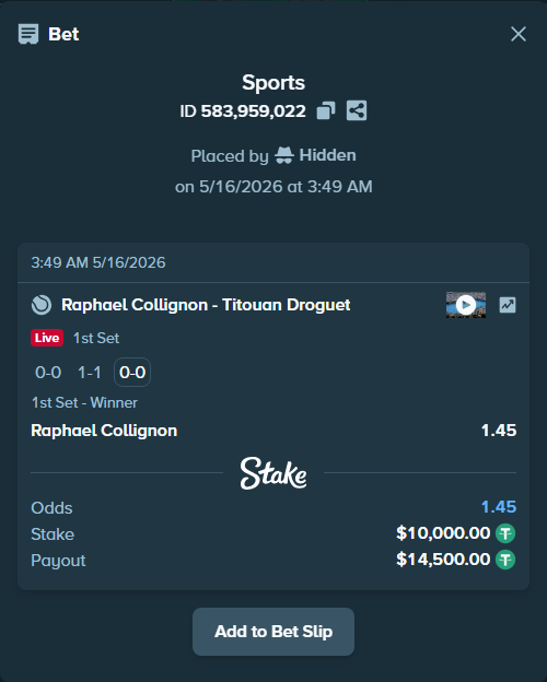 Bet slip: Raphael Collignon - Titouan Droguet, $10,000.00 stake at 1.45 odds, placed by Hidden