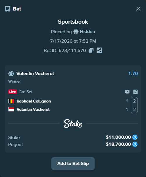 Bet slip: Raphael Collignon - Valentin Vacherot, $11,000.00 stake at 1.70 odds, placed by Hidden