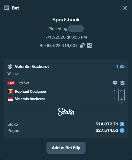 Bet slip: Raphael Collignon - Valentin Vacherot, $14,872.71 stake at 1.85 odds, placed by Mashko21