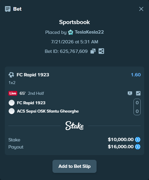 Bet slip: Rapid Bucuresti 1923 - ACS Sepsi OSK Sfantu Gheorghe, $10,000.00 stake at 1.60 odds, placed by TeslaKesla22