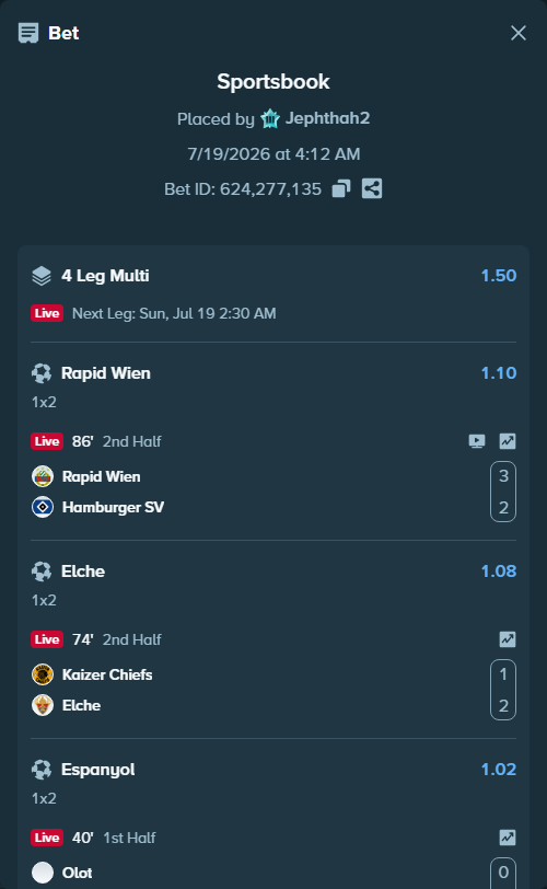 Bet slip: Rapid Wien - Hamburger SV, $13,000.00 stake at 1.10 odds, placed by Jephthah2