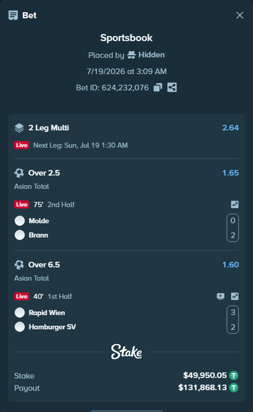 Bet slip: Rapid Wien - Hamburger SV, $50,000.00 stake at 1.60 odds, placed by Hidden