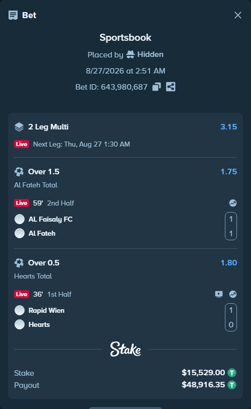 Bet slip: Rapid Wien - Hearts, $15,529.00 stake at 1.80 odds, placed by Hidden
