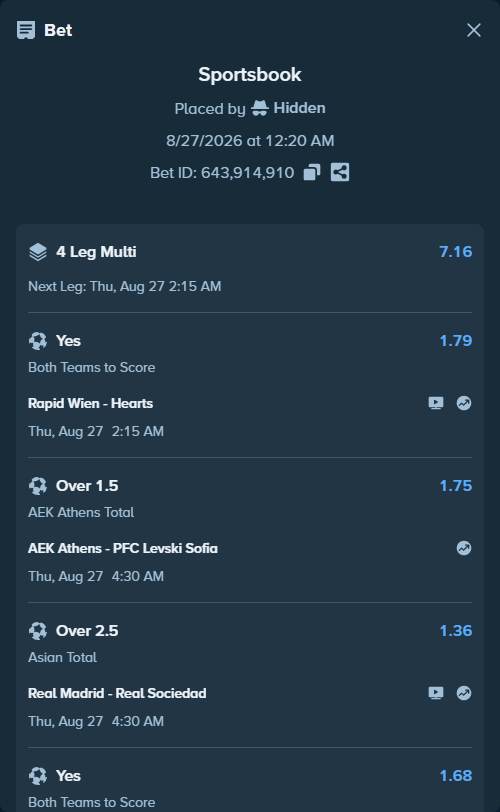 Bet slip: Rapid Wien - Hearts, $48,182.00 stake at 1.79 odds, placed by Hidden