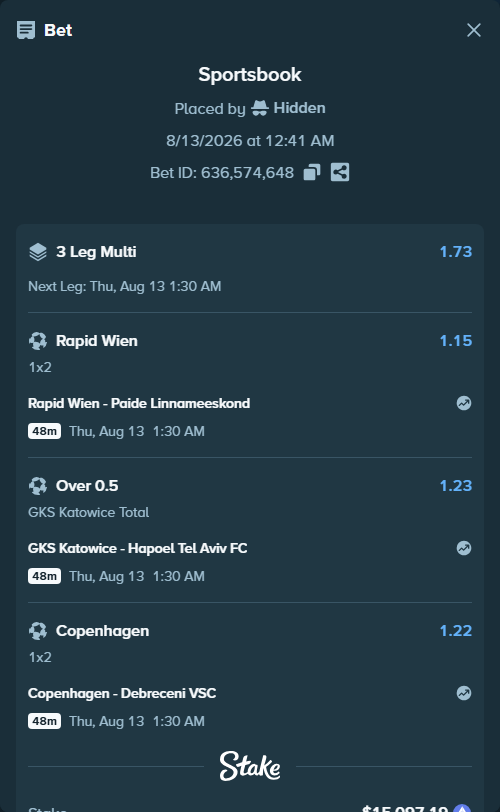 Bet slip: Rapid Wien - Paide Linnameeskond, $15,022.24 stake at 1.15 odds, placed by Hidden
