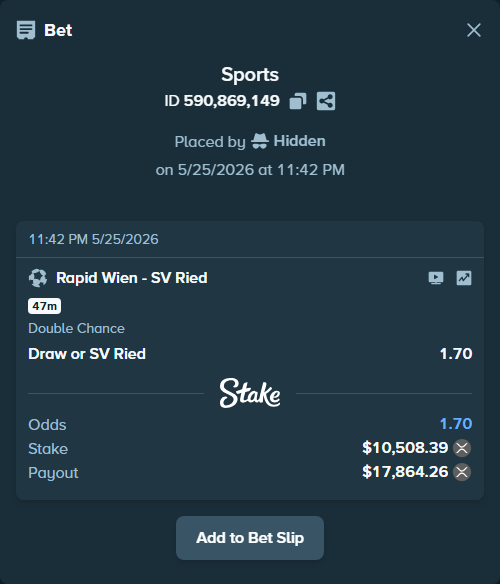 Bet slip: Rapid Wien - SV Ried, $8,910.01 stake at 1.70 odds, placed by Hidden