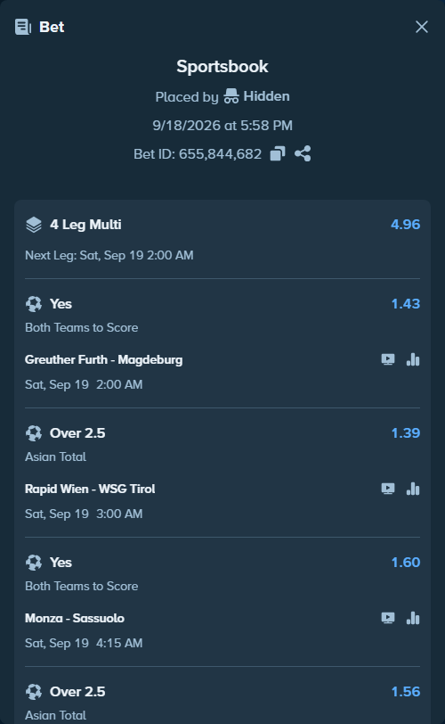 Bet slip: Rapid Wien - WSG Tirol, $50,817.25 stake at 1.39 odds, placed by Hidden