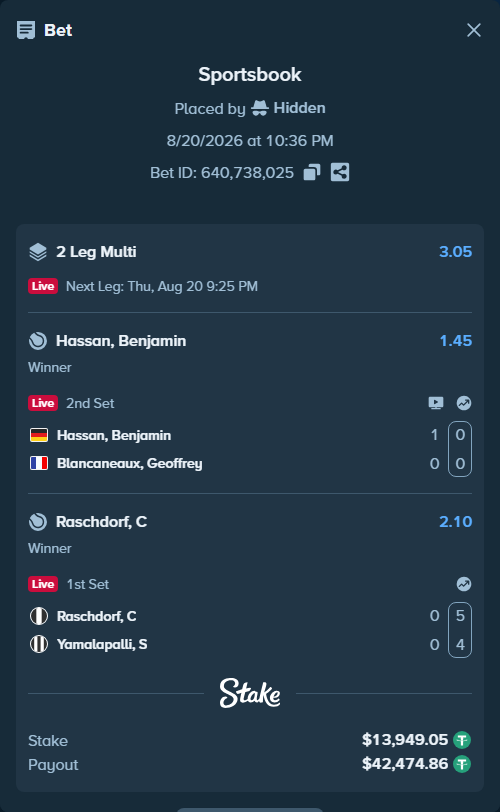 Bet slip: Raschdorf, C - Yamalapalli, S, $13,963.00 stake at 2.10 odds, placed by Hidden