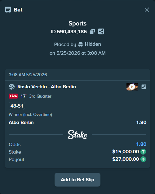 Bet slip: Rasta Vechta - Alba Berlin, $15,000.00 stake at 1.80 odds, placed by Hidden