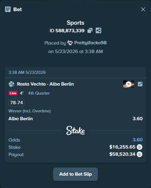 Bet slip: Rasta Vechta - Alba Berlin, $13,771.00 stake at 3.60 odds, placed by Prettylfacko98