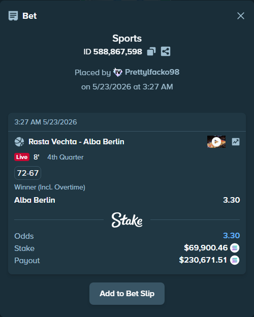 Bet slip: Rasta Vechta - Alba Berlin, $58,959.70 stake at 3.30 odds, placed by Prettylfacko98