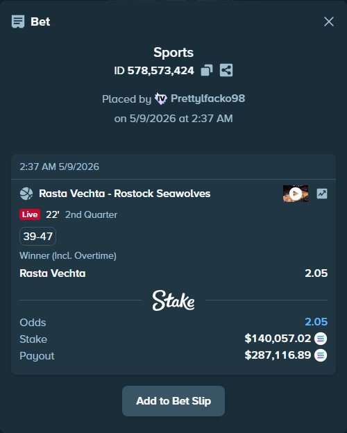 Bet slip: Rasta Vechta - Rostock Seawolves, $114,914.43 stake at 2.05 odds, placed by Prettylfacko98