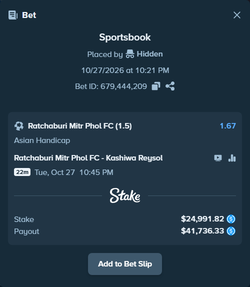 Bet slip: Ratchaburi FC - Kashiwa Reysol, $24,991.82 stake at 1.67 odds, placed by Hidden