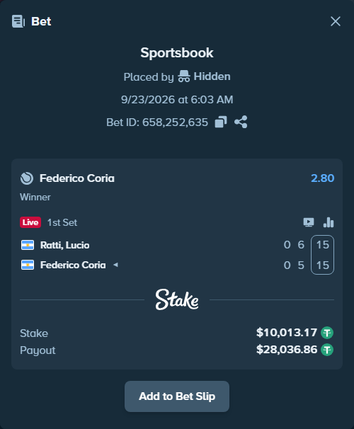 Bet slip: Ratti, Lucio - Federico Coria, $10,013.17 stake at 2.80 odds, placed by Hidden