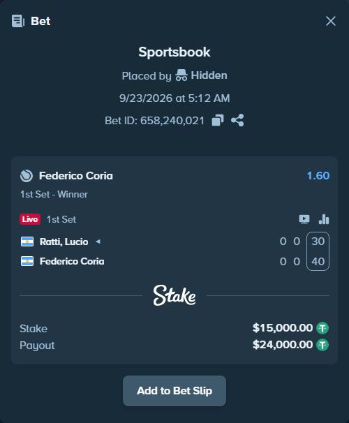 Bet slip: Ratti, Lucio - Federico Coria, $15,000.00 stake at 1.60 odds, placed by Hidden