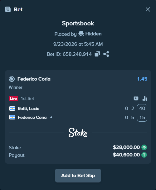 Bet slip: Ratti, Lucio - Federico Coria, $28,000.00 stake at 1.45 odds, placed by Hidden