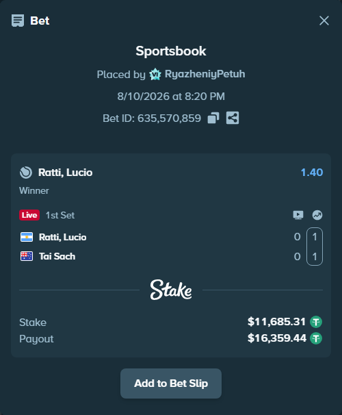 Bet slip: Ratti, Lucio - Tai Sach, $11,697.00 stake at 1.40 odds, placed by RyazheniyPetuh