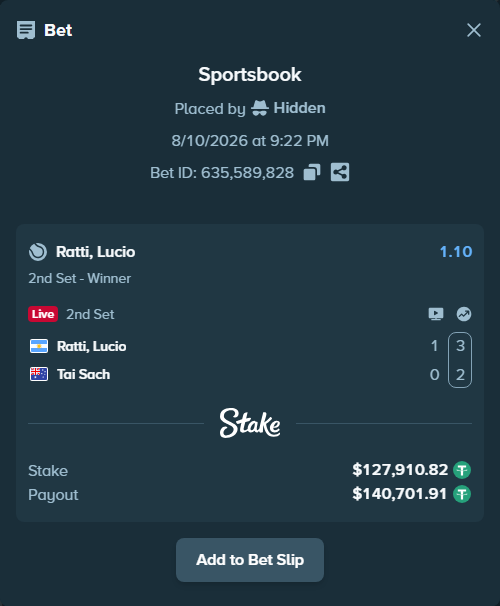 Bet slip: Ratti, Lucio - Tai Sach, $128,038.73 stake at 1.10 odds, placed by Hidden