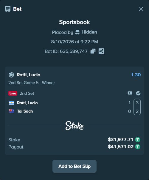 Bet slip: Ratti, Lucio - Tai Sach, $32,009.68 stake at 1.30 odds, placed by Hidden