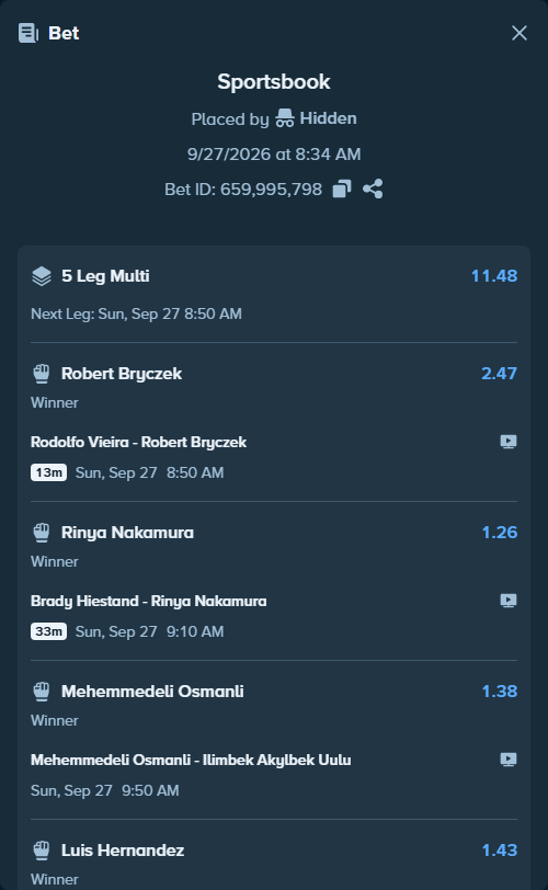 Bet slip: Raul Rosas Jr - Raoni Barcelos, $10,000.00 stake at 1.70 odds, placed by Hidden