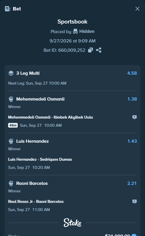 Bet slip: Raul Rosas Jr - Raoni Barcelos, $21,000.00 stake at 2.21 odds, placed by szymool