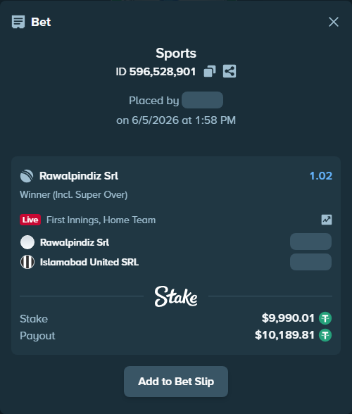 Bet slip: Rawalpindiz Srl - Islamabad United SRL, $10,000.00 stake at 1.02 odds, placed by DoGGoU