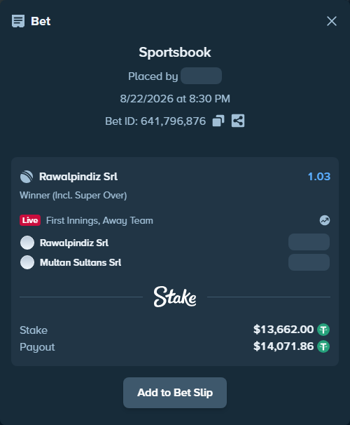 Bet slip: Rawalpindiz Srl - Multan Sultans SRL, $13,662.00 stake at 1.03 odds, placed by riaggo1