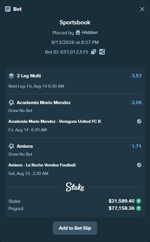 Bet slip: Rayados De Chiriqui - Veraguas United FC B, $21,610.99 stake at 2.09 odds, placed by Hidden