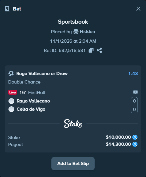 Bet slip: Rayo Vallecano - Celta Vigo, $10,000.00 stake at 1.43 odds, placed by andersmoerken