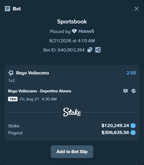 Bet slip: Rayo Vallecano - Deportivo Alaves, $120,249.24 stake at 2.55 odds, placed by Hasse5