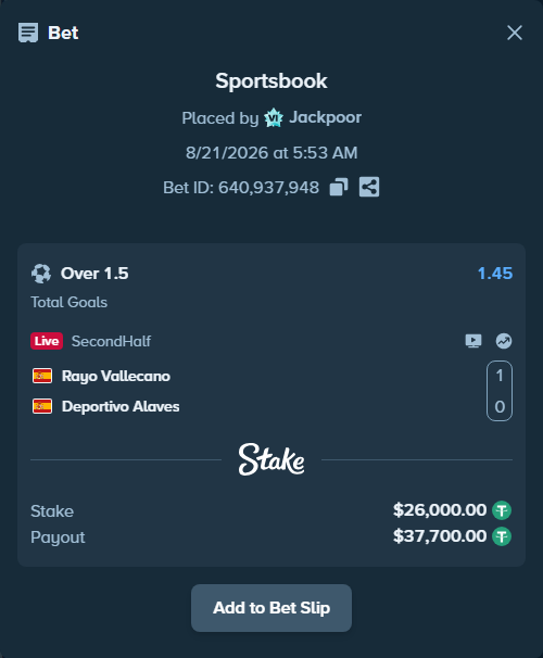 Bet slip: Rayo Vallecano - Deportivo Alaves, $26,000.00 stake at 1.45 odds, placed by Jackpoor