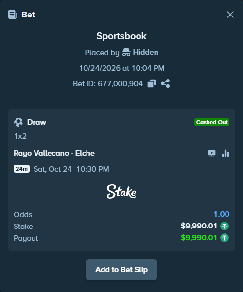 Bet slip: Rayo Vallecano - Elche, $10,000.00 stake at 4.10 odds, placed by mi6a1