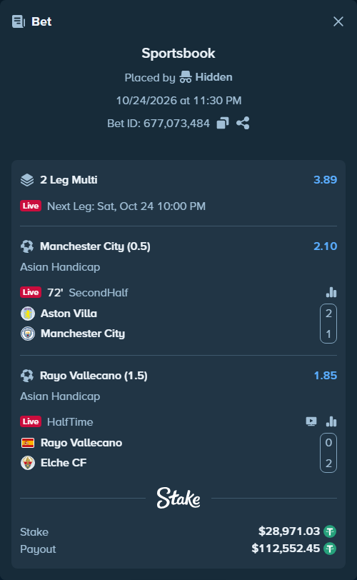 Bet slip: Rayo Vallecano - Elche, $29,000.00 stake at 1.85 odds, placed by Hidden