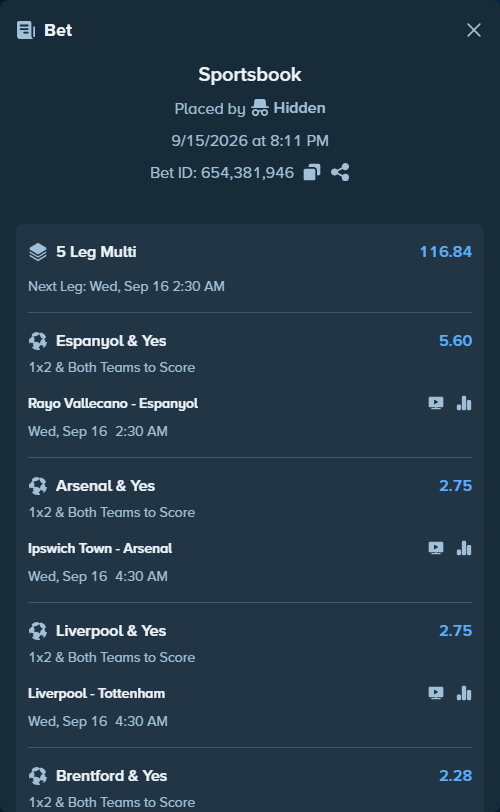 Bet slip: Rayo Vallecano - Espanyol, $10,000.00 stake at 5.60 odds, placed by Hidden