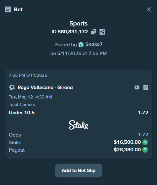 Bet slip: Rayo Vallecano - Girona, $16,500.00 stake at 1.72 odds, placed by Snake7