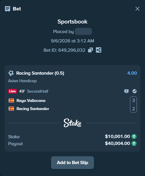 Bet slip: Rayo Vallecano - Racing Santander, $10,000.00 stake at 4.00 odds, placed by Palo6