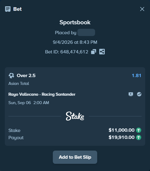 Bet slip: Rayo Vallecano - Racing Santander, $11,000.00 stake at 1.81 odds, placed by lvlv2003