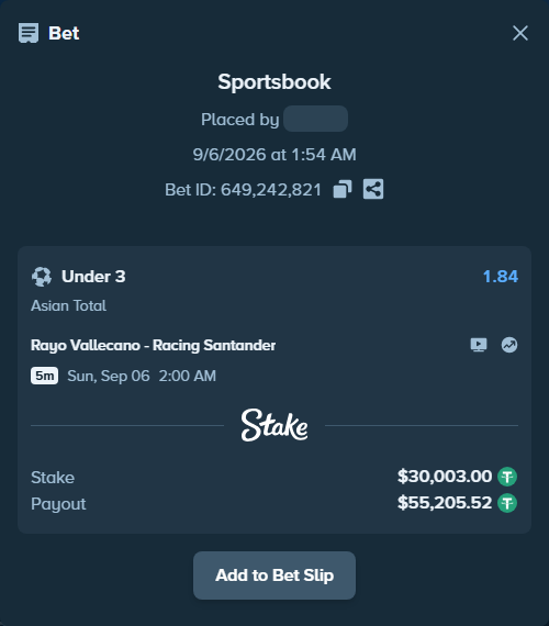 Bet slip: Rayo Vallecano - Racing Santander, $30,000.00 stake at 1.84 odds, placed by lvlv2003