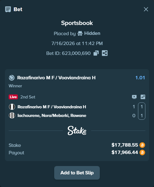 Bet slip: Razafinarivo M F / Voaviandraina H - Iachourene, Nora/Mebarki, Rawane, $17,792.79 stake at 1.01 odds, placed by Hidden