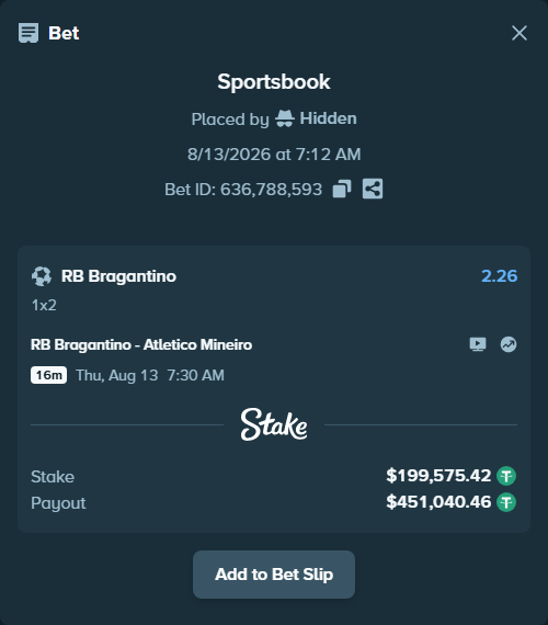 Bet slip: RB Bragantino - Atletico Mineiro, $199,775.00 stake at 2.26 odds, placed by Hidden