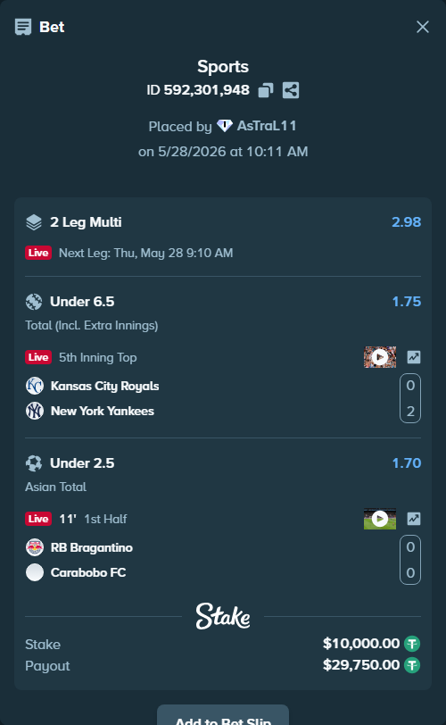 Bet slip: RB Bragantino - Carabobo FC, $10,010.00 stake at 1.70 odds, placed by AsTraL11