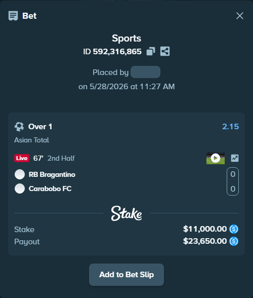 Bet slip: RB Bragantino - Carabobo FC, $11,000.00 stake at 2.15 odds, placed by Homiachok