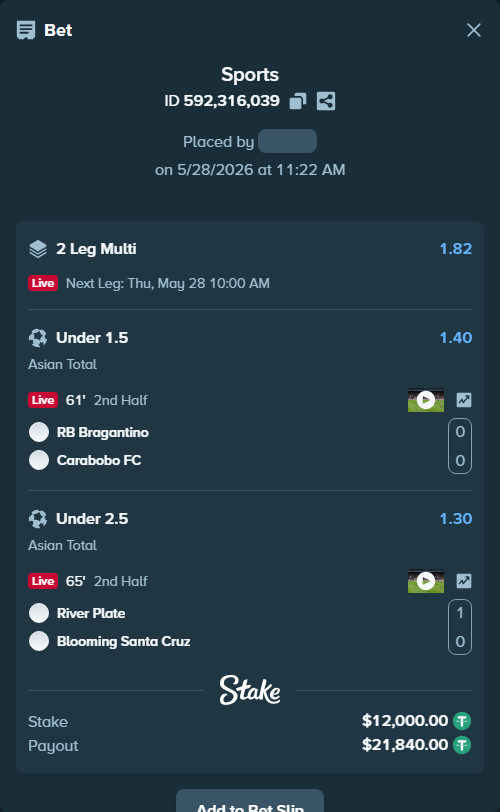 Bet slip: RB Bragantino - Carabobo FC, $12,012.00 stake at 1.40 odds, placed by AsTraL11