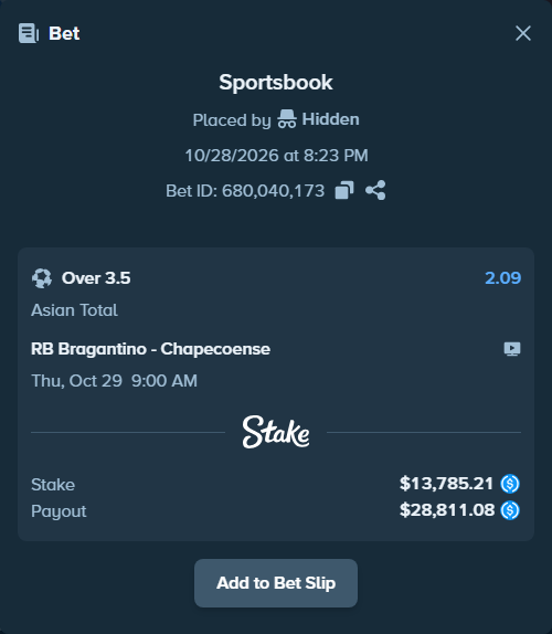 Bet slip: RB Bragantino - Chapecoense, $13,785.21 stake at 2.09 odds, placed by Hidden