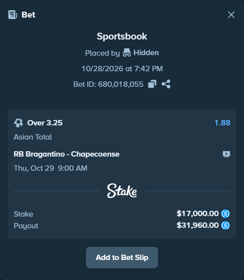 Bet slip: RB Bragantino - Chapecoense, $17,000.00 stake at 1.88 odds, placed by Hidden