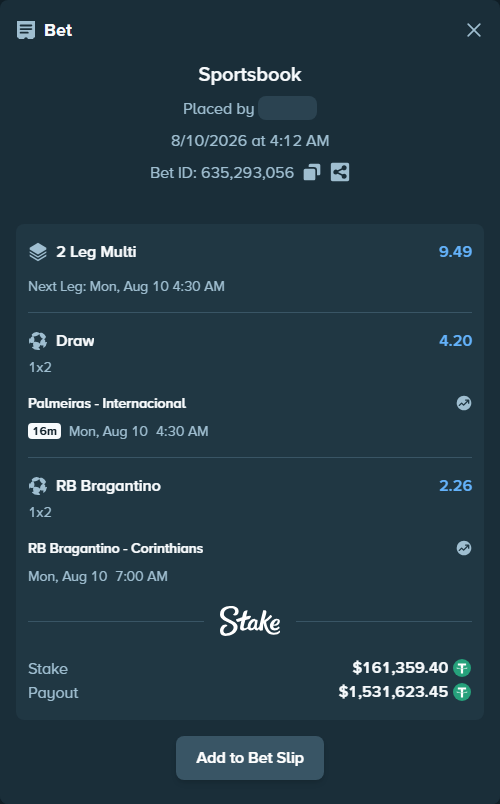 Bet slip: RB Bragantino - Corinthians, $161,520.76 stake at 2.26 odds, placed by kabic555