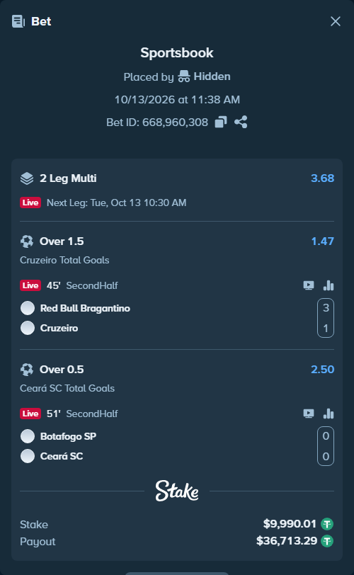 Bet slip: RB Bragantino - Cruzeiro, $10,000.00 stake at 1.47 odds, placed by tlwns4736